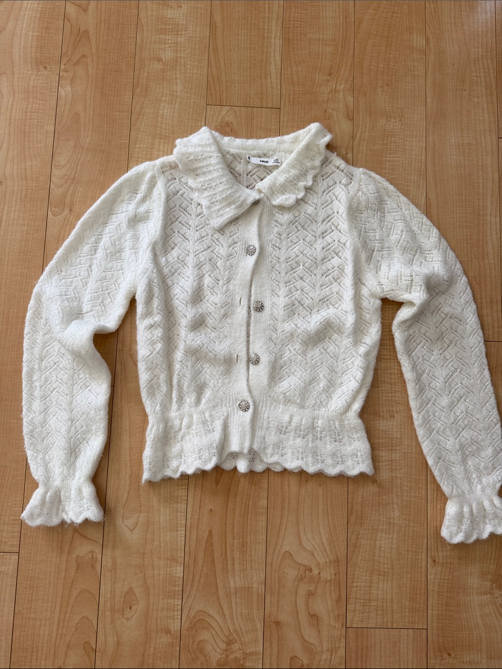 Mango Cream Scalloped-Edge Knit Button Cardigan